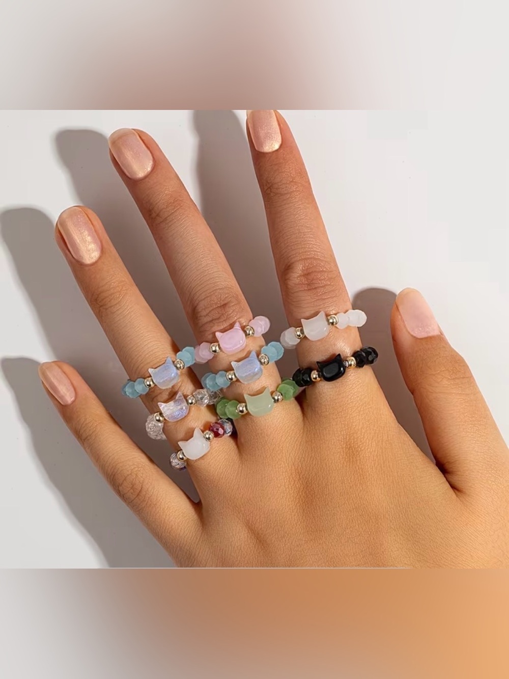 8 Piece Ser of Beaded Cat Charm Ring - Pastel Pink, Blue, Green & Black Options